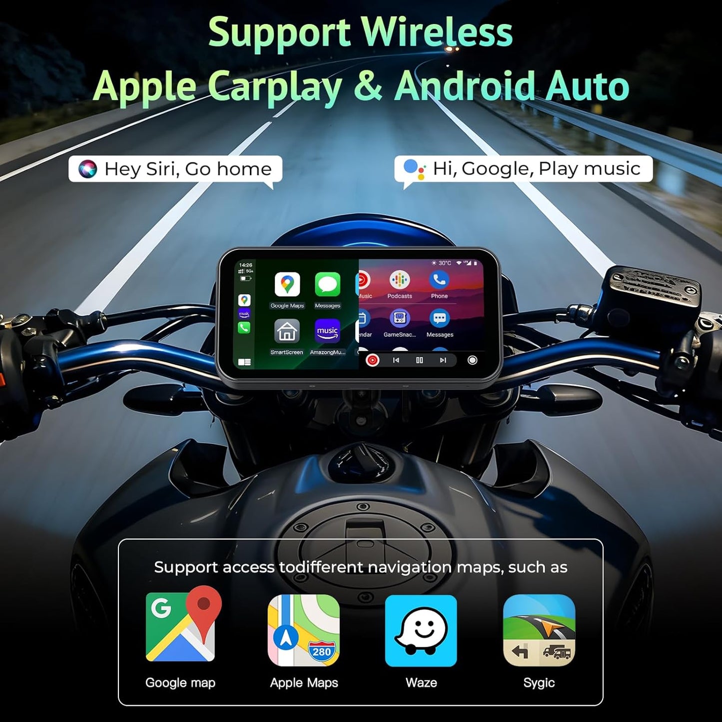 6.25 Inch Motorcycle Carplay & Android Auto Display with Two TPMS– IP67 Waterproof Portable Touchscreen with Dual Bluetooth, TF Card, GPS Navigation, Universal Mount