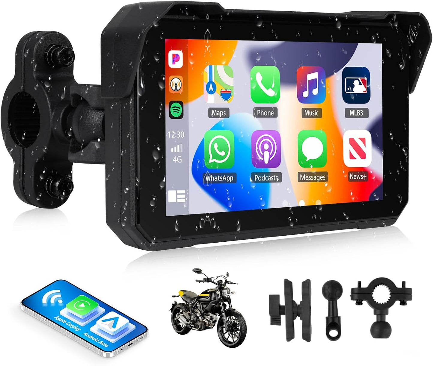 Motorcycle Carplay Screen with Wireless Apple Carplay Android Auto, IP68 Waterproof Touch Screen 5 Inch GPS Navigation Carplay Para Moto, Dual Bluetooth, Siri Google Voice Control