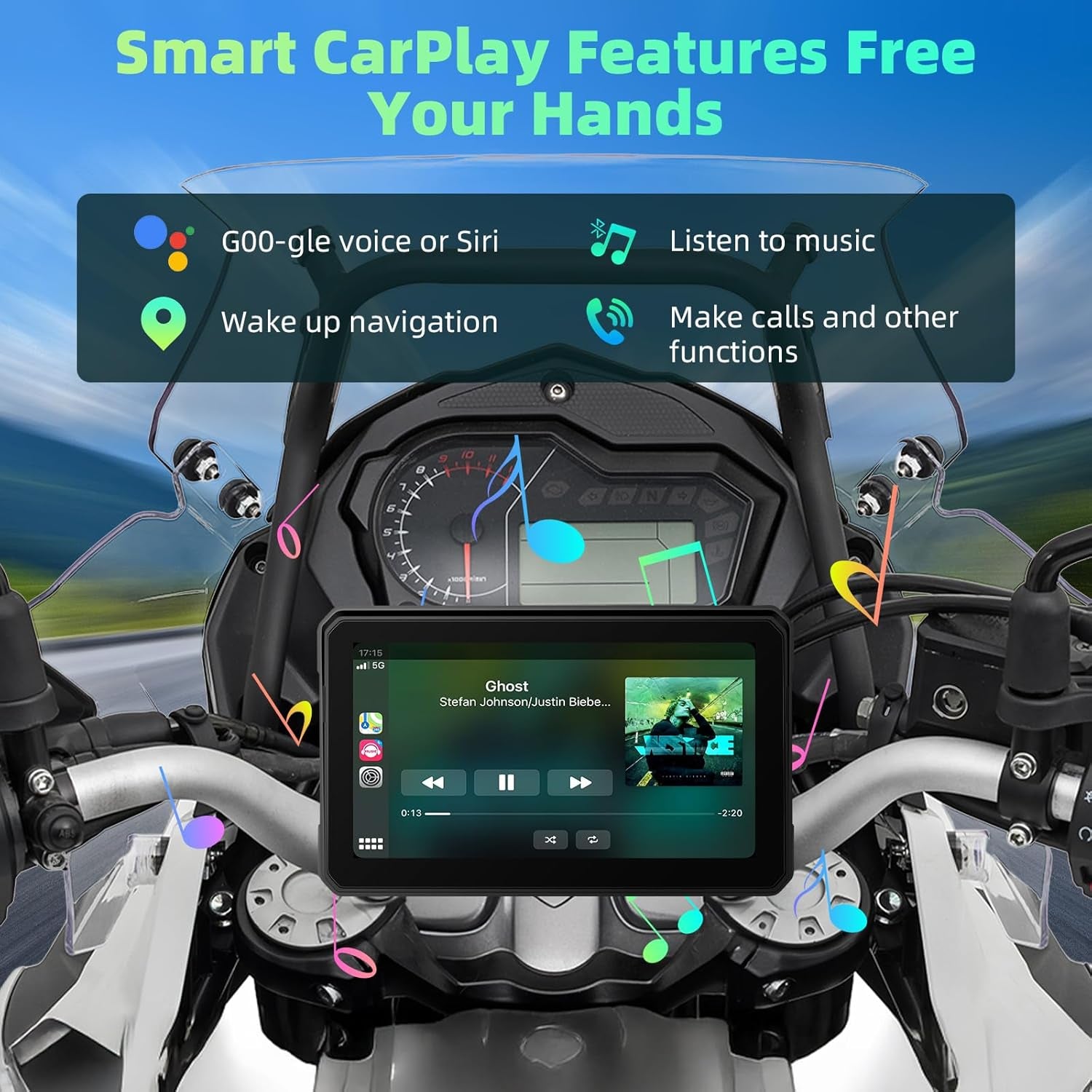 Motorcycle Carplay Screen with Wireless Apple Carplay Android Auto, IP68 Waterproof Touch Screen 5 Inch GPS Navigation Carplay Para Moto, Dual Bluetooth, Siri Google Voice Control