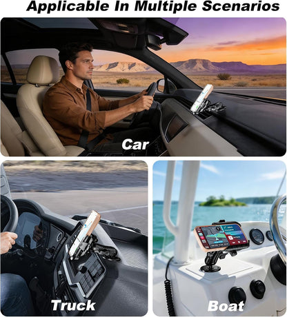 anti Vibration Phone Mount Holder, 1S Lock & Release | Camera Friendly Phone Holder with Shock Dampener, Aluminum AMPS round Base for Car UTV Truck Boat, Fits 5.4"-7.2" Phones