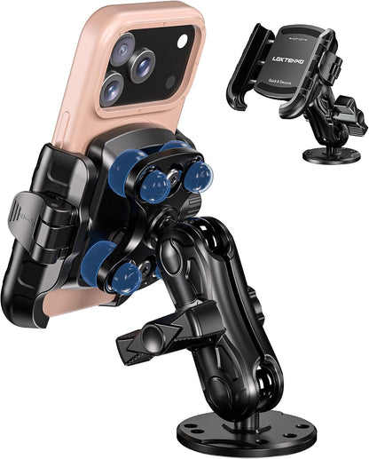 anti Vibration Phone Mount Holder, 1S Lock & Release | Camera Friendly Phone Holder with Shock Dampener, Aluminum AMPS round Base for Car UTV Truck Boat, Fits 5.4"-7.2" Phones