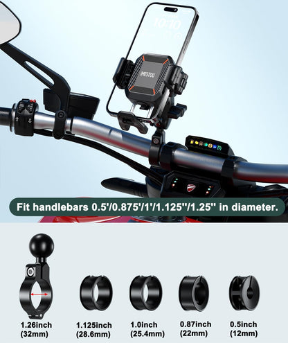 Motorcycle Wireless USB C Phone Mount Anti-Vibration, Anti-Theft 1" Ball Qi Phone Mount Suitable for 5.2"-7.2" up to 15Mm Thick Phones, Fits for 22-32Mm Handlebars, Works with 12-24V Vehicles