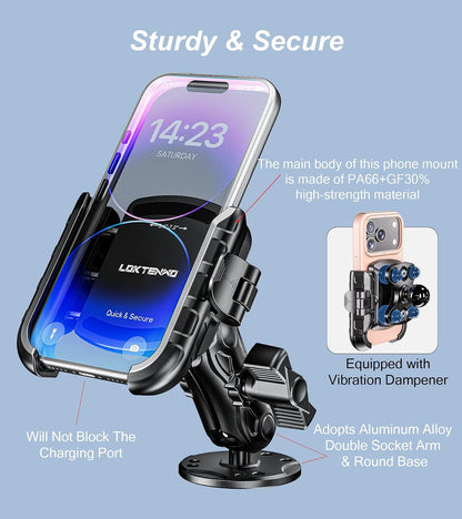 anti Vibration Phone Mount Holder, 1S Lock & Release | Camera Friendly Phone Holder with Shock Dampener, Aluminum AMPS round Base for Car UTV Truck Boat, Fits 5.4"-7.2" Phones