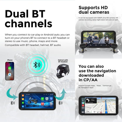 Portable 6.25 Inch IP67 Waterproof Motorcycle GPS Navigation Support Wireless Carplay Android Auto DVR Drive Recorder Moto TPMS