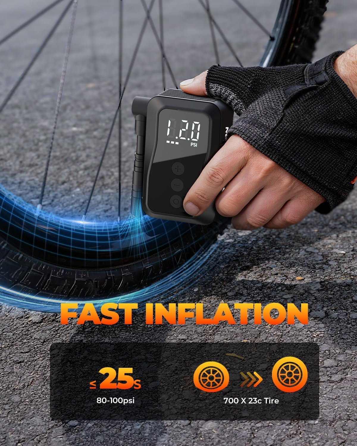 Mini Bike Pump, Portable Bike Pump with Presta and Schrader Valve, 150/120PSI Bicycle Pump with Gauge, Auto Stop, Fast Inflation for City Bike, Road Bike, Mountain Bike