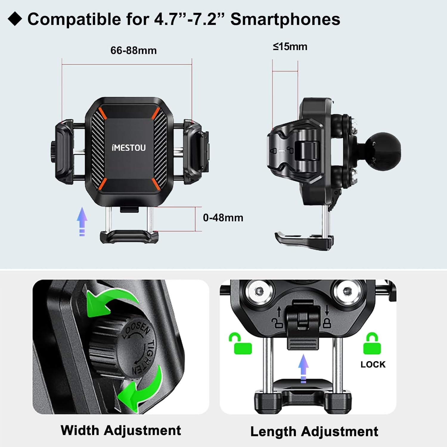 Motorcycle Wireless USB C Phone Mount Anti-Vibration, Anti-Theft 1" Ball Qi Phone Mount Suitable for 5.2"-7.2" up to 15Mm Thick Phones, Fits for 22-32Mm Handlebars, Works with 12-24V Vehicles