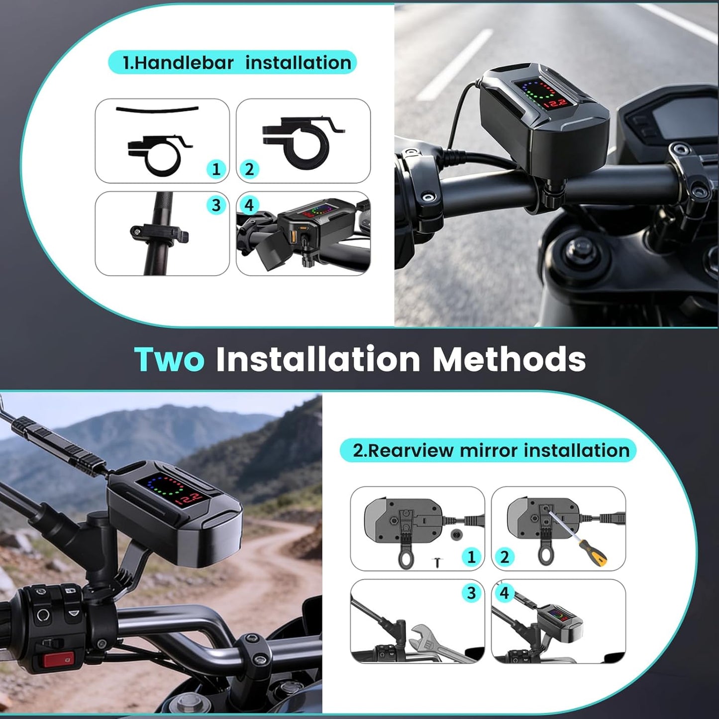 Motorcycle Phone Charger, 3 in 1 Motorcycle USB Charger Fast Charging Port with USB-C & USB-A,12–24V Waterproof LED Voltmeter, Motorcycle Accessories Adapter for GPS Motorbike ATV