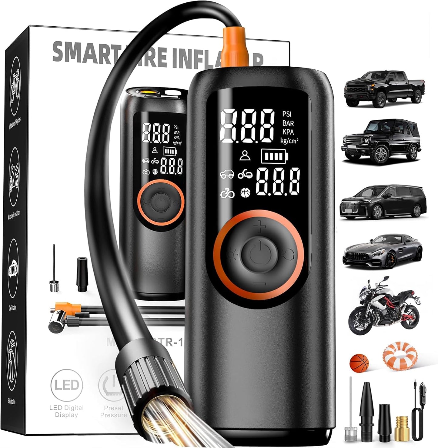 Tire Inflator Portable Air Compressor, Electric Air Pump 4X Super Fast Inflation Air Compressor for Car Tires Gauge Pressure USB C Rechargeable Power Bank Tire Pump with LED for Car Motor Bike Ball