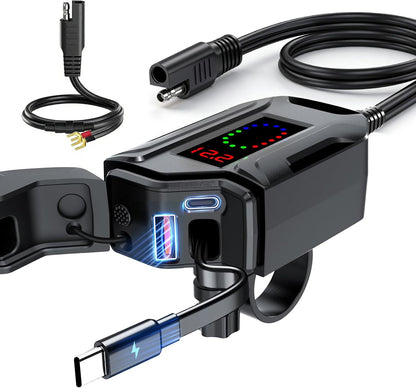 Motorcycle Phone Charger, 3 in 1 Motorcycle USB Charger Fast Charging Port with USB-C & USB-A,12–24V Waterproof LED Voltmeter, Motorcycle Accessories Adapter for GPS Motorbike ATV