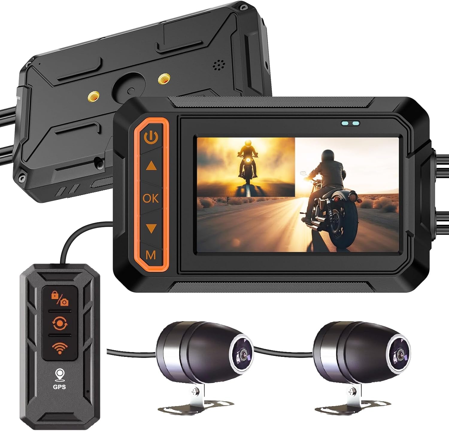 Motorcycle Dash Cam, 3'' LCD Waterproof Motorcycle Front and Rear 1080P Camera Wide Angle 155° with Wi-Fi, GPS, Wired Control, G-Sensor, Max up to 256GB