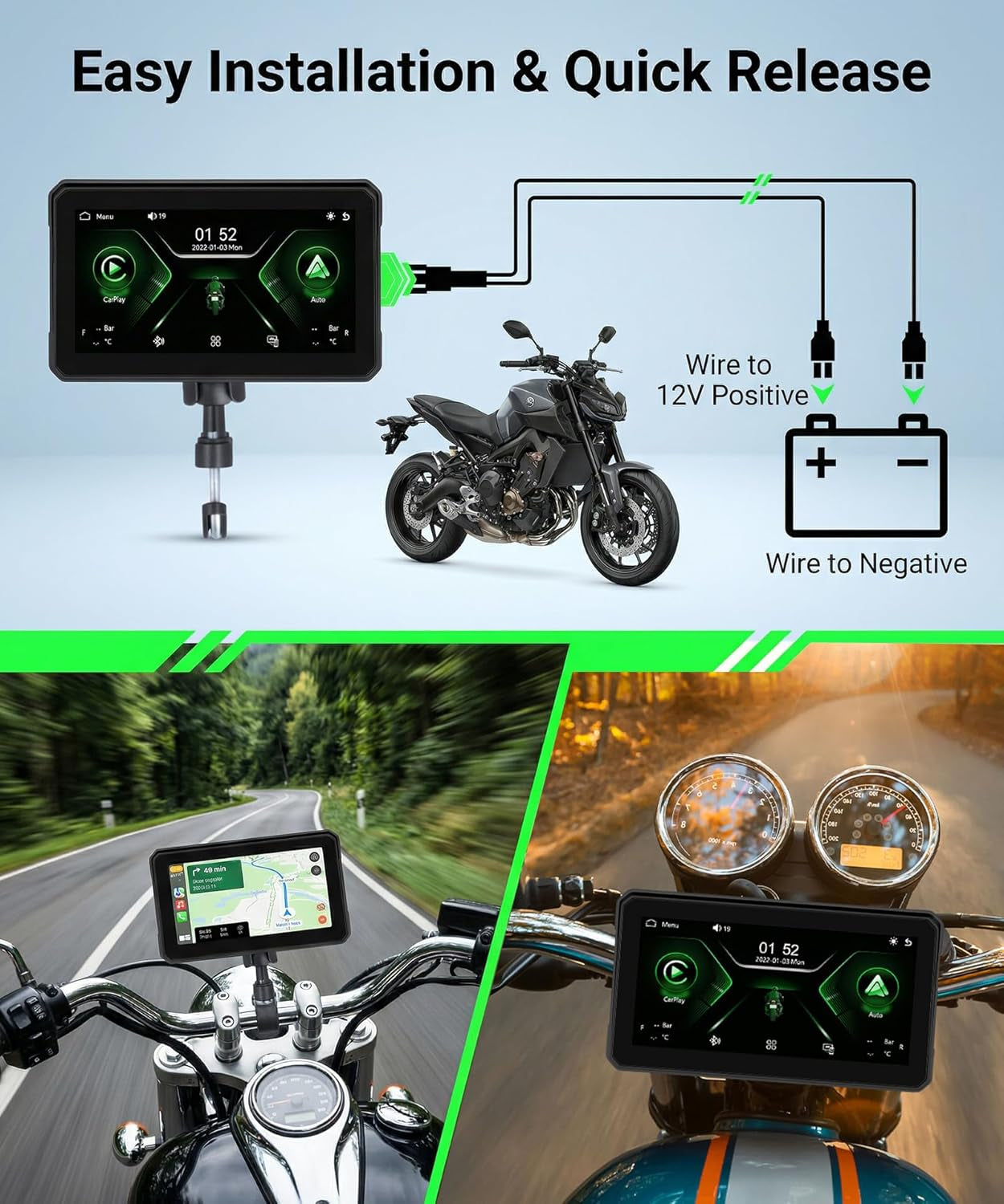 6" Motorcycle Wirelsss Carplay Screen, Portable Touchscreen Motorcycle GPS Navigation System Car Play Moto Android Auto, Dual Bluetooth, IP68 Waterproof Moto Screen, Goo-Gle Assistant, Si-Ri
