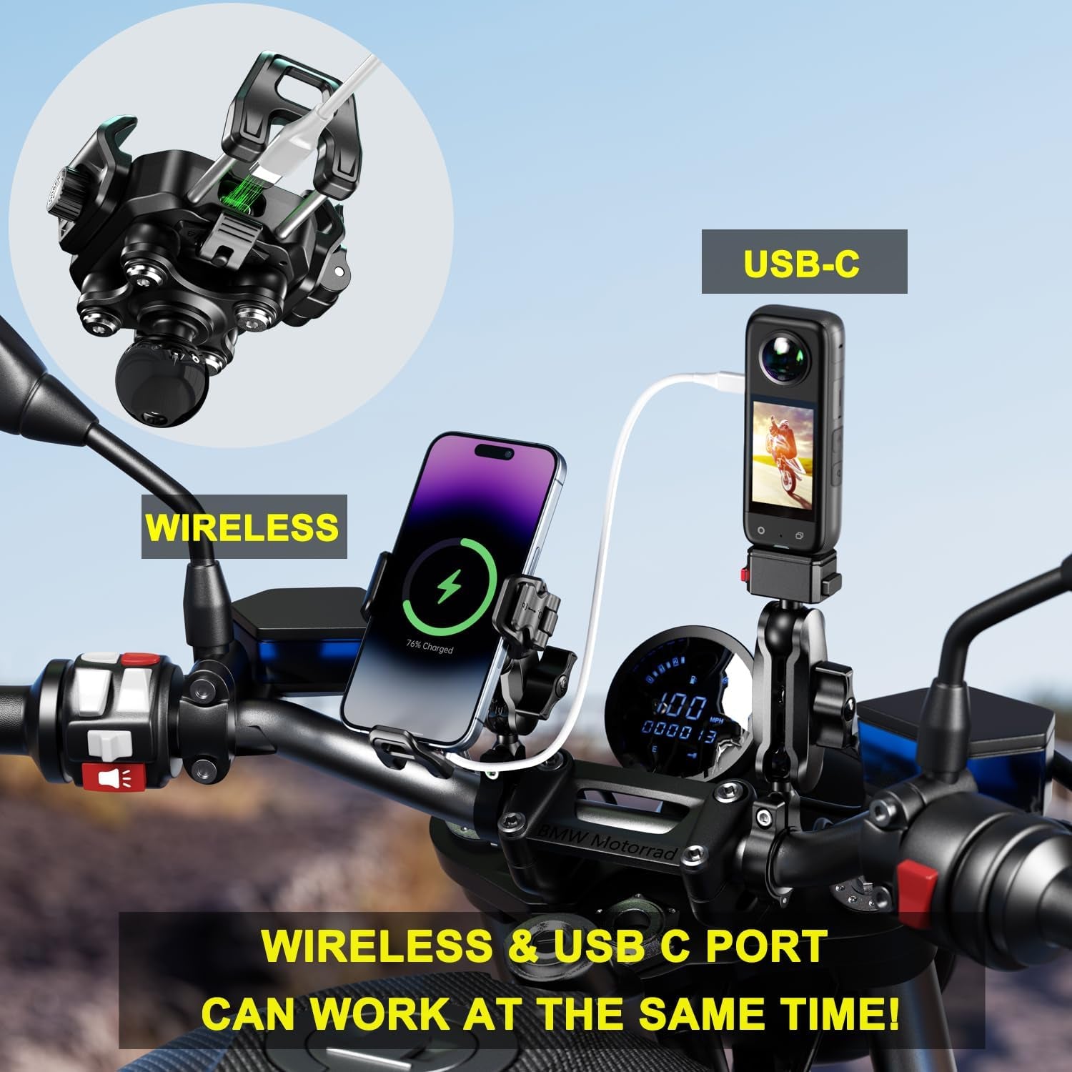 Motorcycle Wireless USB C Phone Mount Anti-Vibration, Anti-Theft 1" Ball Qi Phone Mount Suitable for 5.2"-7.2" up to 15Mm Thick Phones, Fits for 22-32Mm Handlebars, Works with 12-24V Vehicles
