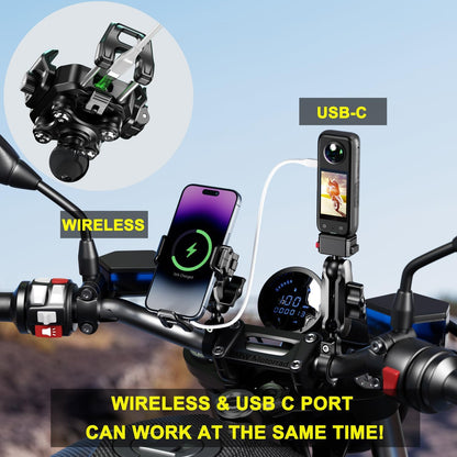 Motorcycle Wireless USB C Phone Mount Anti-Vibration, Anti-Theft 1" Ball Qi Phone Mount Suitable for 5.2"-7.2" up to 15Mm Thick Phones, Fits for 22-32Mm Handlebars, Works with 12-24V Vehicles