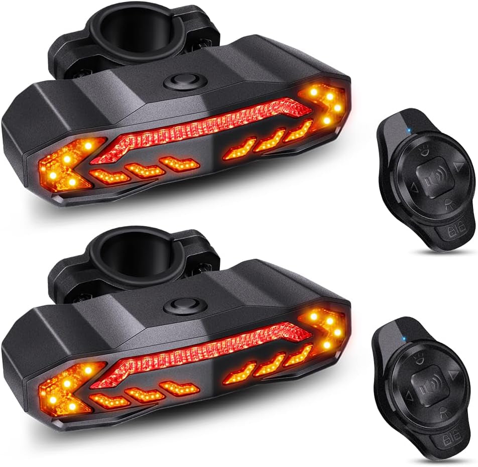 2 Pack Smart Bike Tail Light with Turn Signals, Bike Alarm with Wireless Control Remote, USB Rechargeable Rear Bike Light, IP65 Waterproof Auto On/Off Bicycle Lights for Night Riding